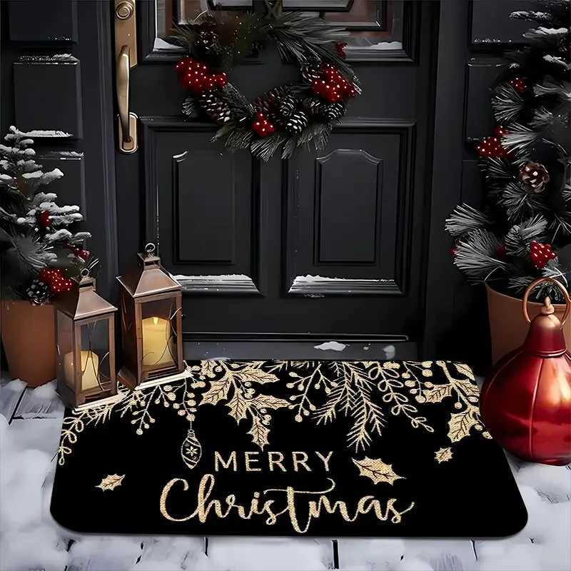 Merry Christmas Black Gold Leaf Welcome Floor Mat-Machine Washable Flannel Material Suitable For Living Room Bedroom BathroomM251117