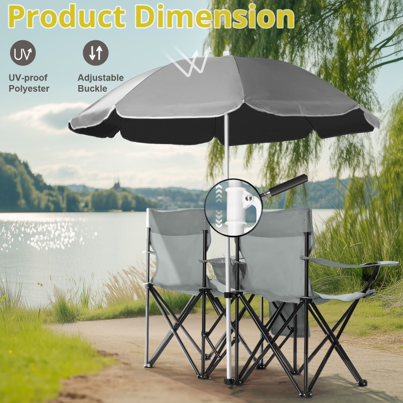2-Seat Folding Chair Outdoor Portable Grey with Removable Sun Umbrella Space Saving