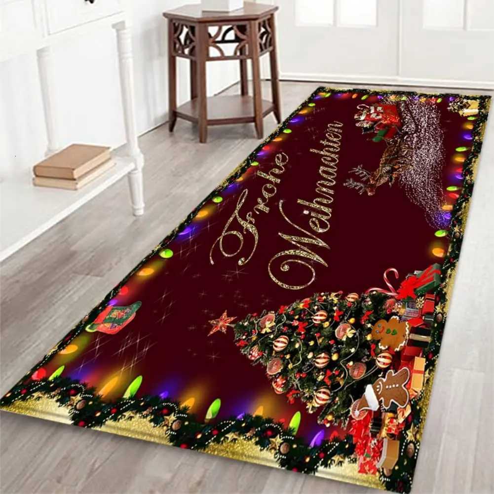 VIKAMA Christmas Runner Rug Santa Snowmen Reindeer Floor Mat Christmas Decoration Indoor Red Soft Flannel Carpet Home DecorationM251117