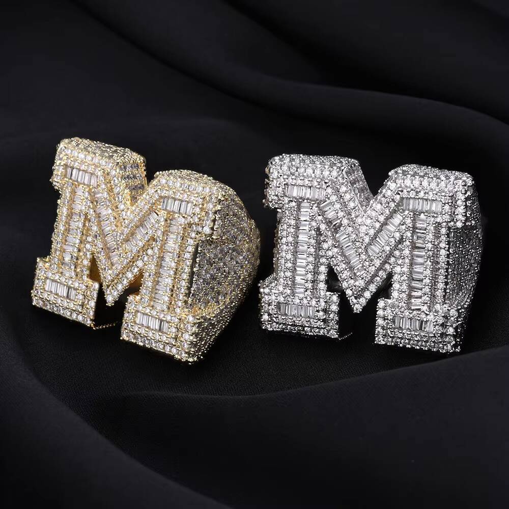 Moissanite Custom Shiny Diamond Jewelry Initial Letter Micro Pave Baguette Zircon White Gold Plated Iced Out 26 Letters Hip Hop Ring