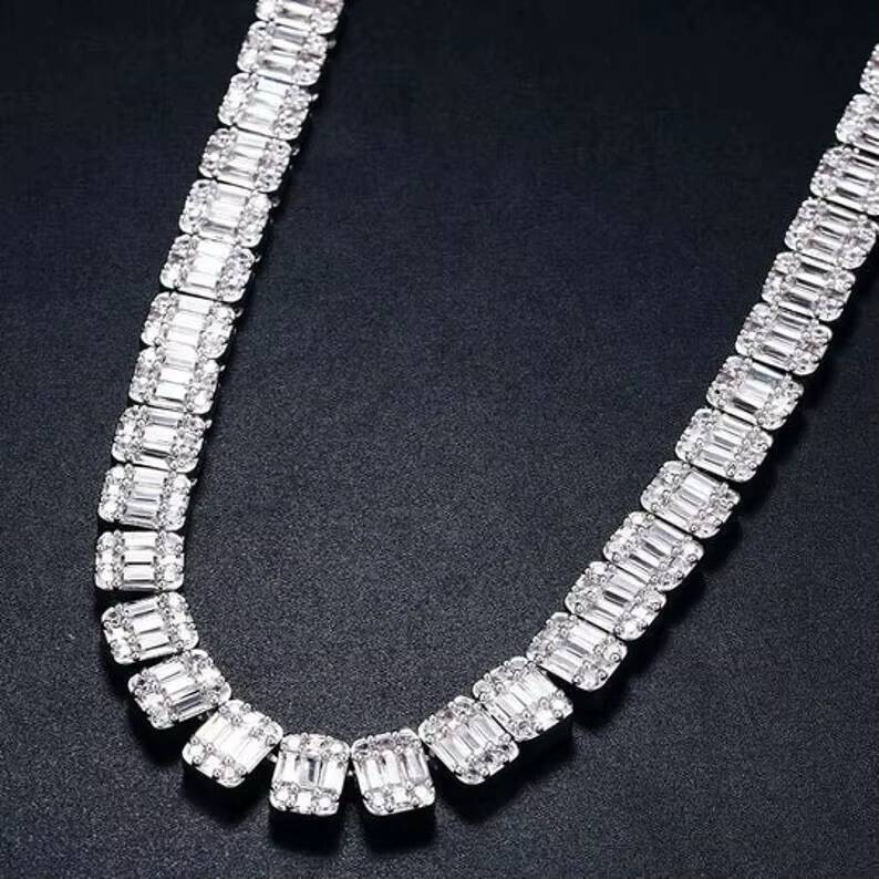 Rapper Iced Jewelry Iced Out Baguette Cut VVS Moissanite Diamond Cluster Tennis Chain 925 Silver Necklace for Men Women