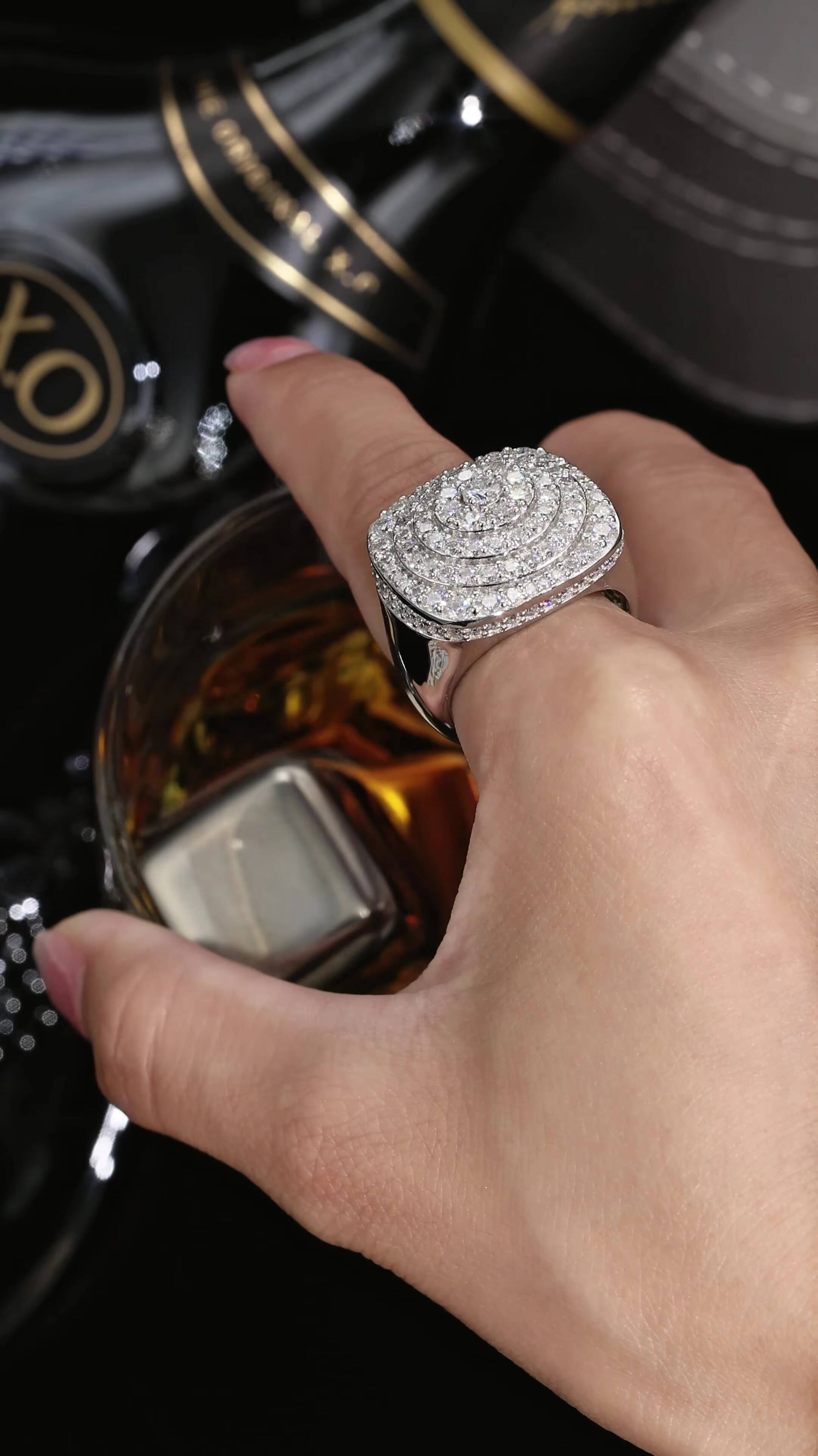 Hip Hop Mens 925 Sterling Silver Moissanite Mens Ring with Large Diamonds Exaggerated Wedding Ring Holiday Gift