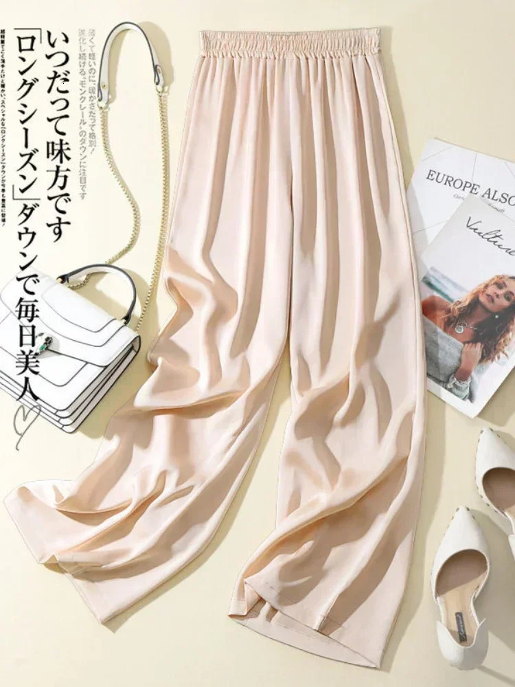 Ice Silk Wide-leg Pants Woman Summer Elastic Waist Satin Straight Trousers Solid Casual LOOSE Acetate Womens Pants 250415