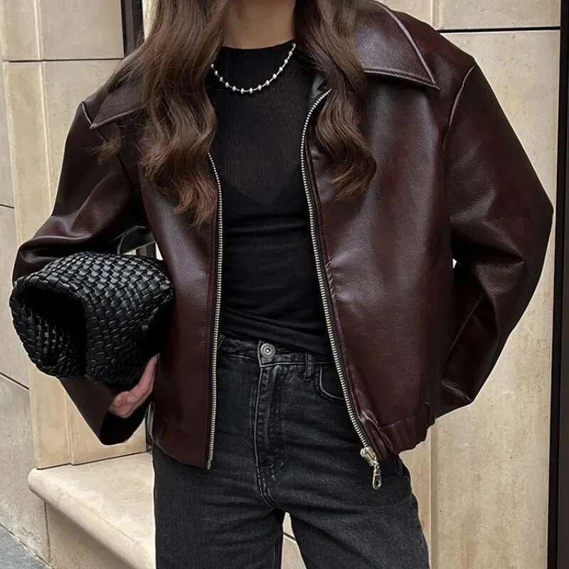Elegant Chic New Long Sleeve Turn Down Collar Loose Coat Outwear Streetwear 2024 Autumn Winter Women Motorcyle PU leather Jacket