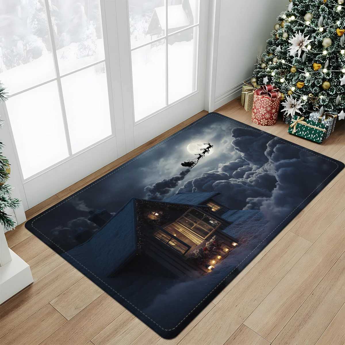 Snowy Night Christmas Door Mat Carpet Santa Sleigh Snowman Design Plush Thick Polyester Non-Slip Front Door Living Room DecorM251117