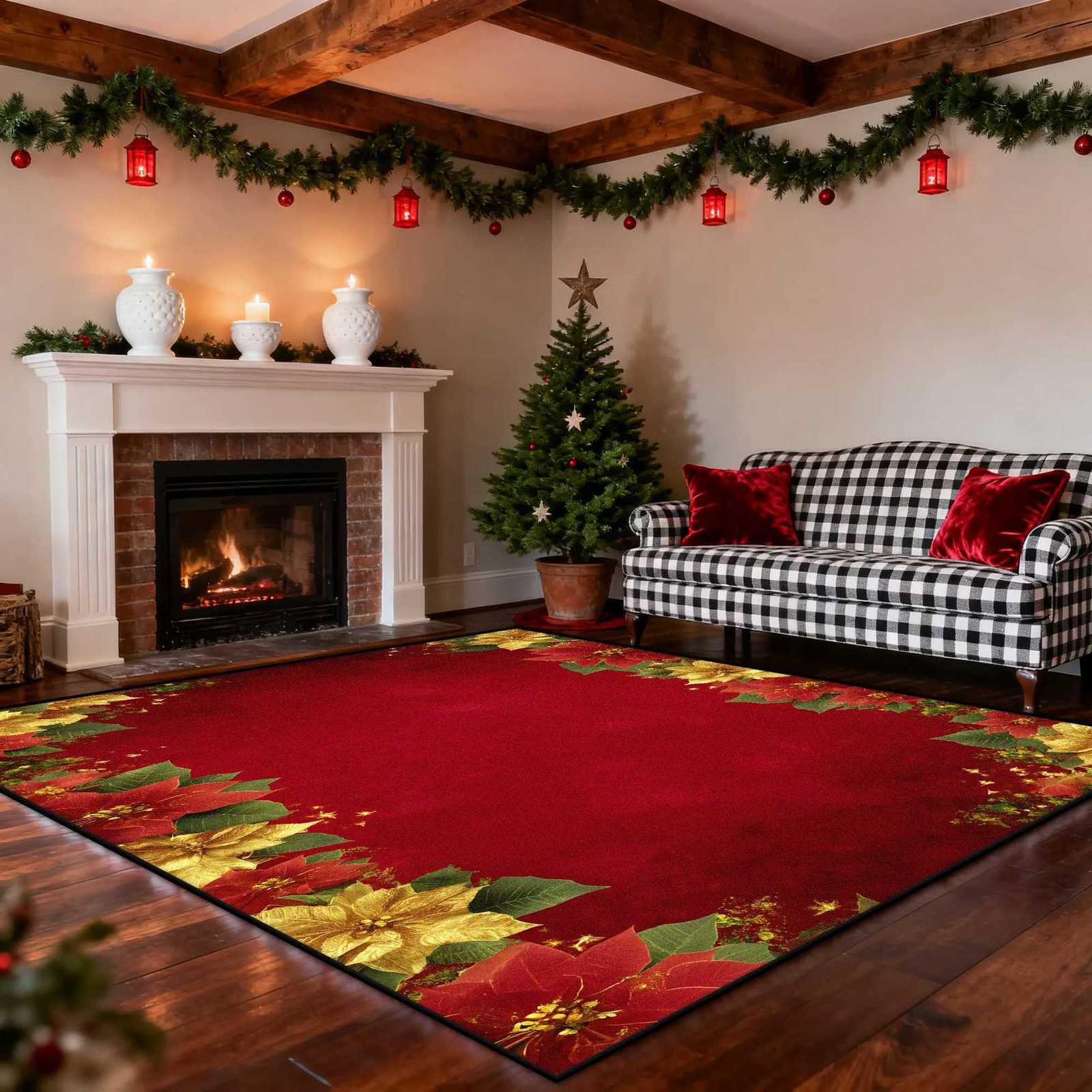 European Style Christmas Poinsettia Flower Decoration Carpet Living Room Large Area Plush Rugs Bedroom Warm Atmosphere Floor MatM251117