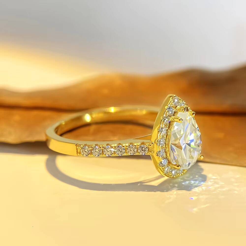 FOXI Fancy Shape Jewellery 15Ct halo Ring Gold Plated with Pear Moissanite Diamond 925 Sterling Silver Moissanite Wedding Ring