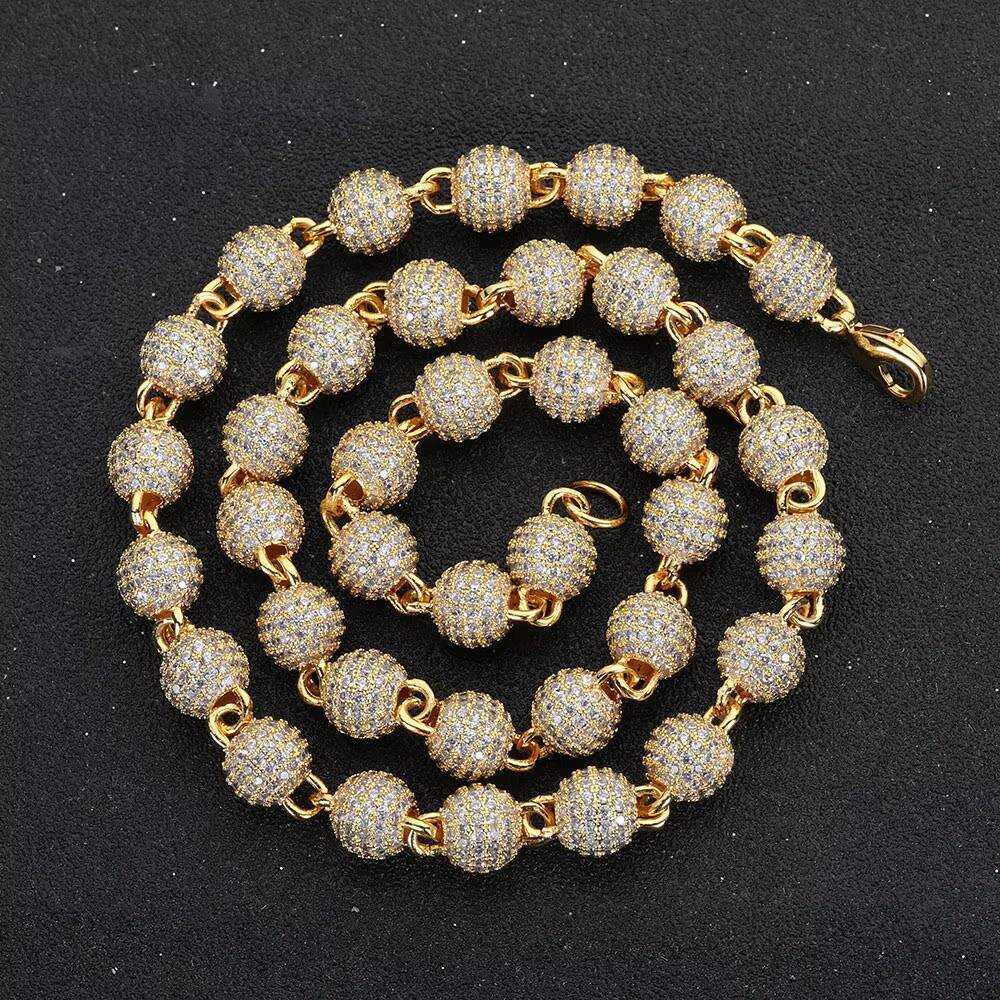Moissanite 8mm Neck Chain for Women Gold Plated Iced Out Chain Micro Pave Cz Jewelry Round Bead Necklace