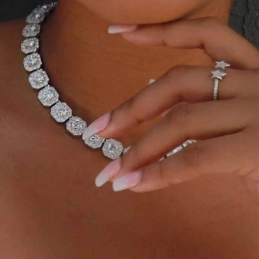 AAA GEMS Bling Pink Square Crystal Link Chain Necklace Hip Hop Gold Silver Color 13mm Luxury Cuban Choker Necklace Jewelry