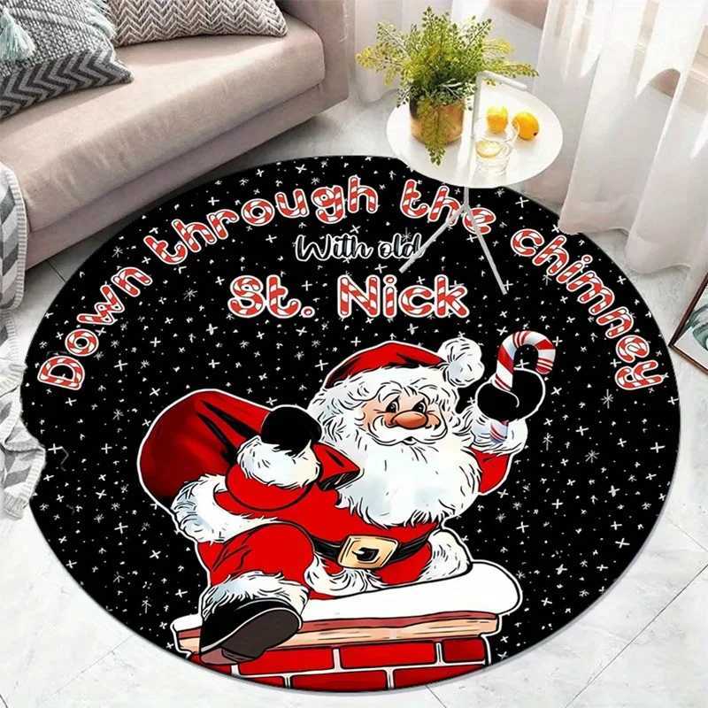 Santa Claus Christmas theme round rug crystal velvet floor mat holiday festive decoration anti slip carpet living room bedroomM251117