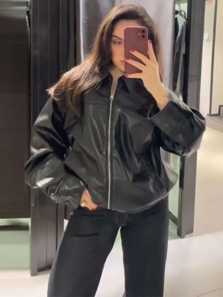 PU Leather Jacket For Women Zipper Turn-down Collar Loose Fashion Coat Brown 2025 Spring Street Motorcycle Overcoat Top