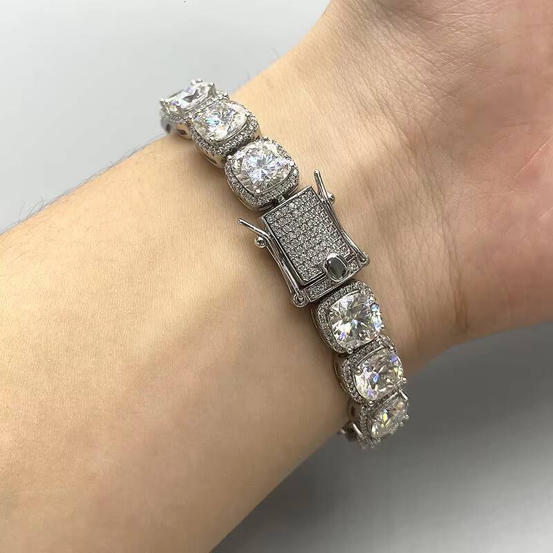 Men Luxury Design 10mm Cushion Shape Diamond Tennis Link Real 18k Gold Plated Silver 925 Moissanite Cluster Diamond Tennis Chain