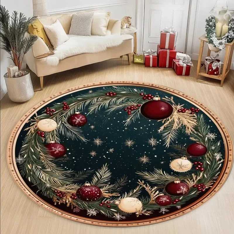 Christmas Tree Round Rug with Holiday Ornament Pattern Festive Carpet Mat for Bedroom Living Room New Year DecorM251117