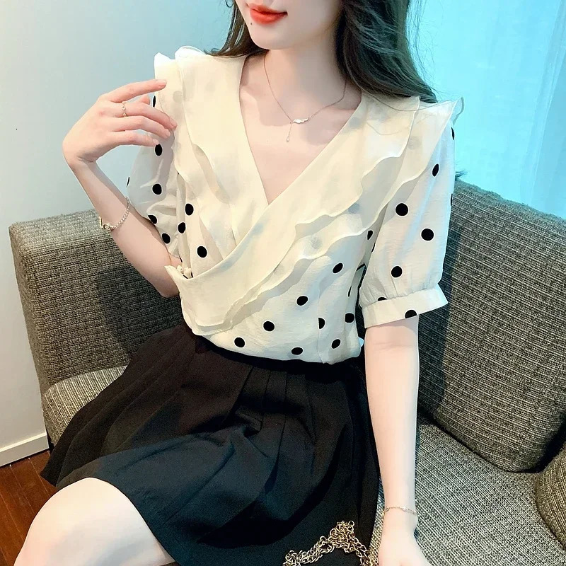 2025 Summer V-Neck Chiffon Women Blouse Short Sleeve Ruffles Dot Blouse Shirt Women Tops Blusa Blusas Camisas De Mujer G681 250417