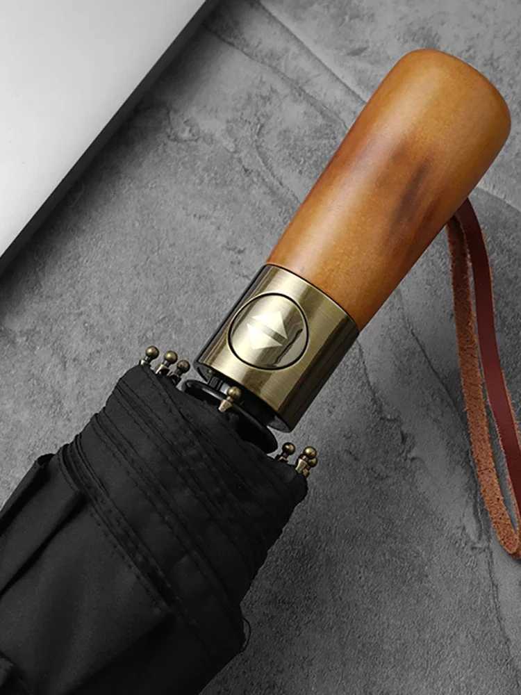 Big Automatic Umbrella Man Business Style Wind-resistant Foldable Umbrella Windproof Strong Double Layer Wooden Rain Umbrella C251117