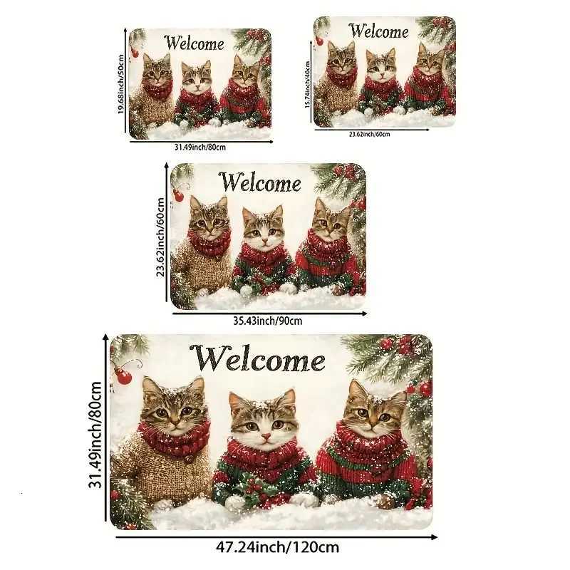 VIKAMA 3 Cats Christmas Welcome Doormat - Polyester with PVC Backing Machine Washable Rug for Multi-Room Holiday DecorM251117