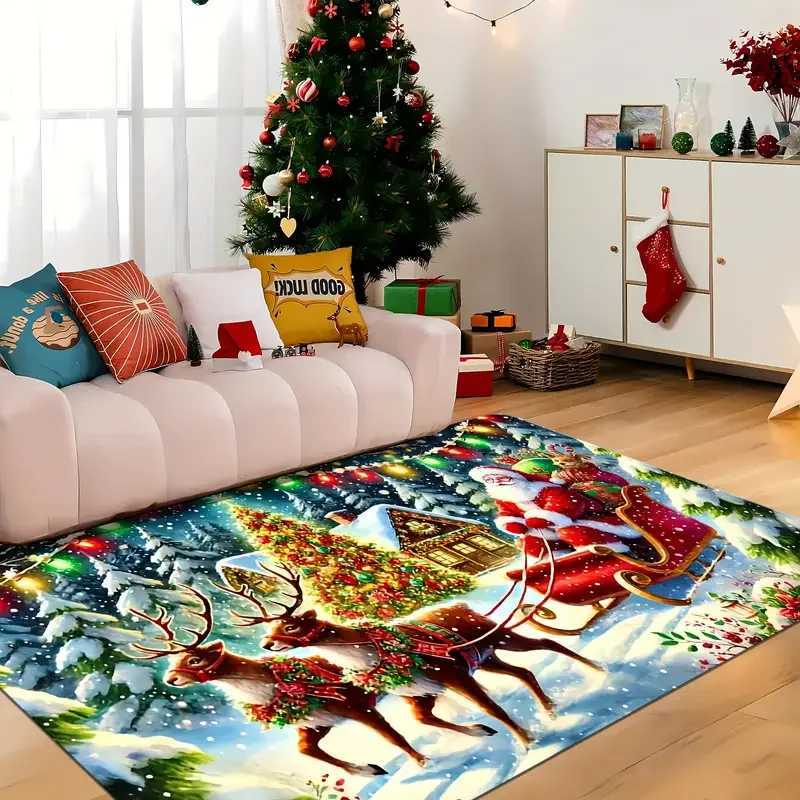 1PC Christmas Theme Sleigh Santa Claus Pattern Rug for Bedroom Living Room Dining Room Entrance Hall Outdoor Patio Area RugM251117