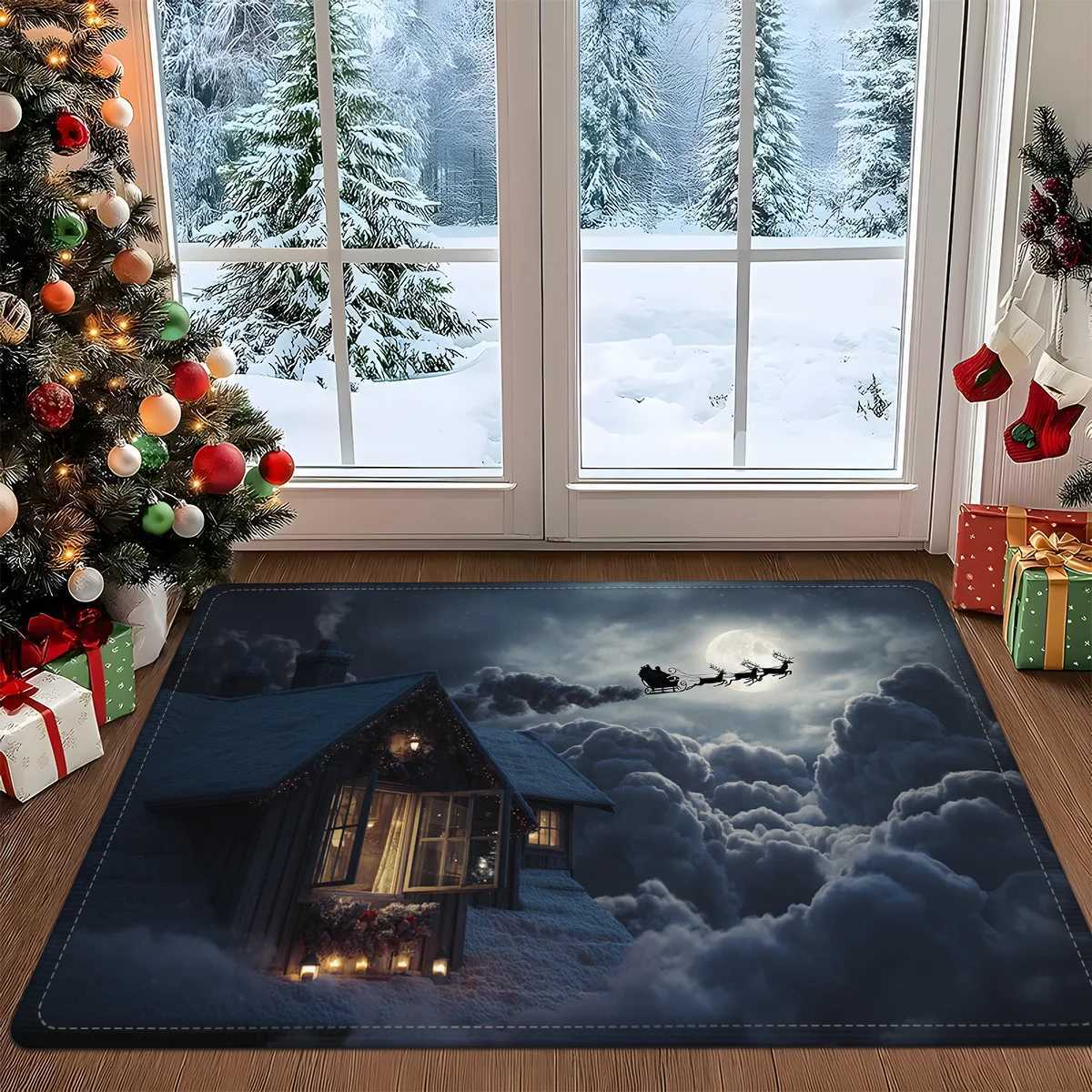 Snowy Night Christmas Door Mat Carpet Santa Sleigh Snowman Design Plush Thick Polyester Non-Slip Front Door Living Room DecorM251117