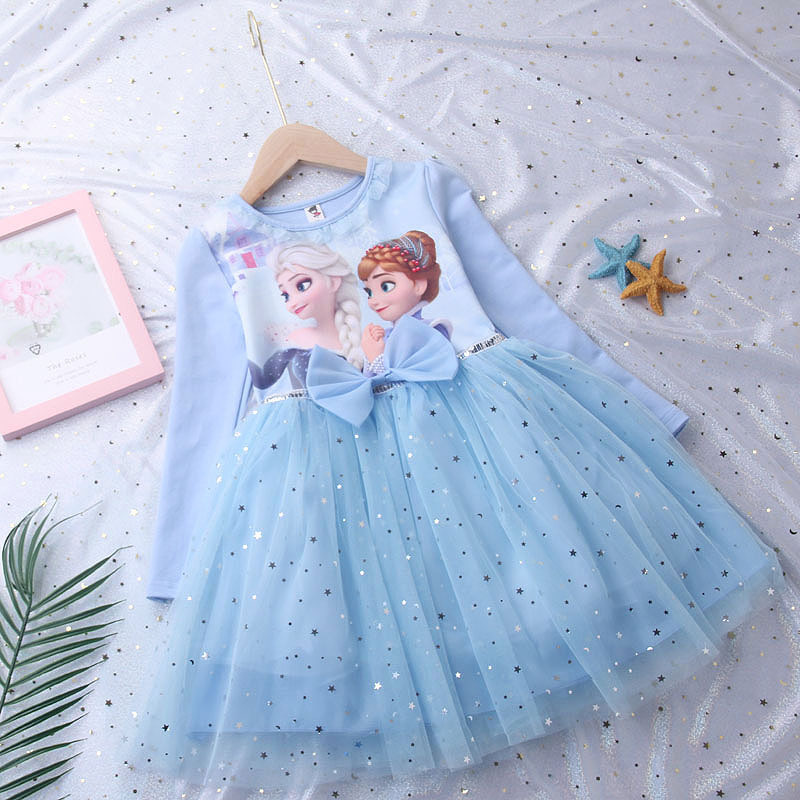DISNEY Baby girl Frozen princess dress kids clothes Elsa long-sleeve baby pure cotton autumn clothes girl puffy dress birthday outfit.