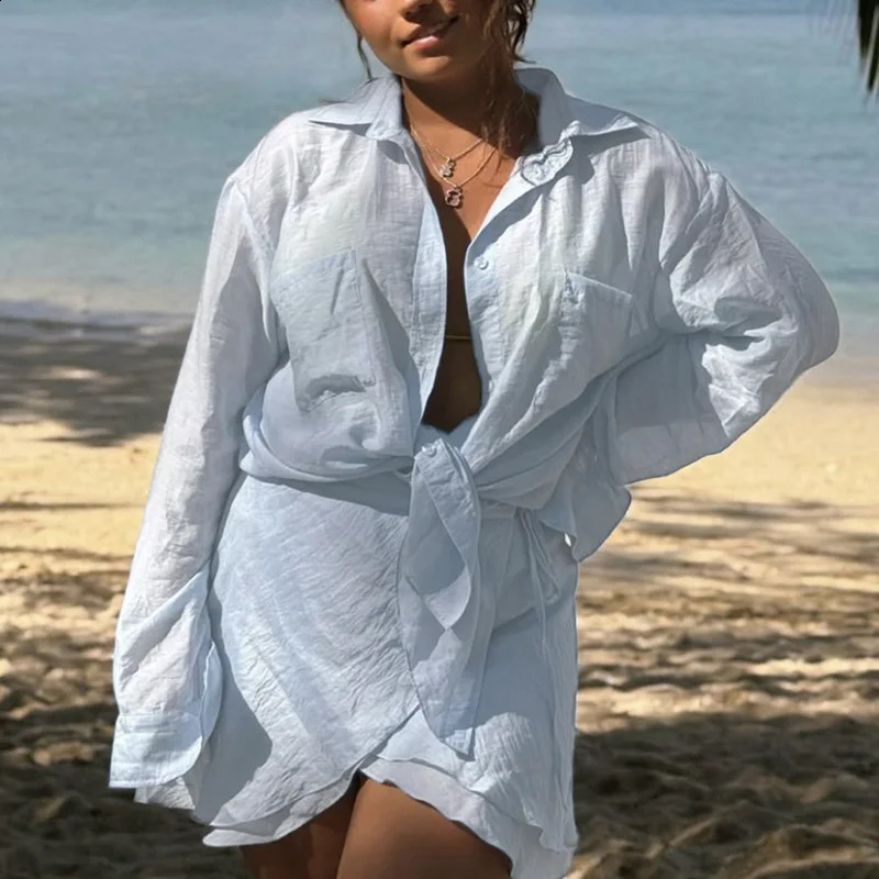 Holiday long sleeved single corset womens set casual lace up mini skiing suit 2025 summer seaside beach sunscreen suit 250414Z