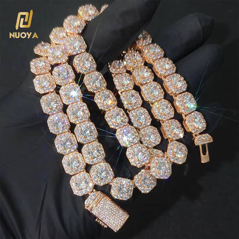 Moissanite Hip Hop Jewelry 10/12mm Rose Gold Plated Clustered Tennis Chain Necklace Bling Iced Out Zircon Choker Necklaces for Women