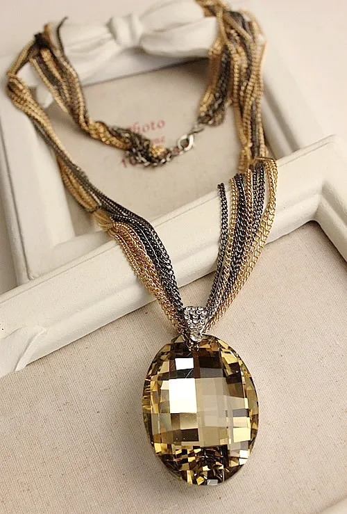 Gold Color Black Oval Glass Crystal Pendant Charm Multi-Chain Long Chain Necklaces for Women Summer Party Gift 251114