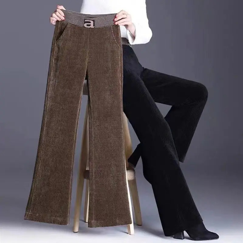 Women Therma Flared Pants Fleece Lined Winter High Waist Corduroy Leggings Loose Letter Elastic Waisted Fleecing Trousers Z260314