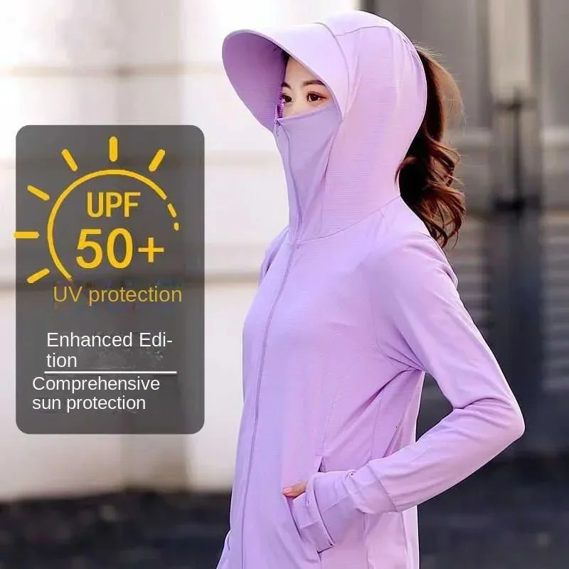 Womens Sunscreen Clothes Jacket with Hood and Hat UV Protection Coat for Cycling Ice Silk Thin 250415