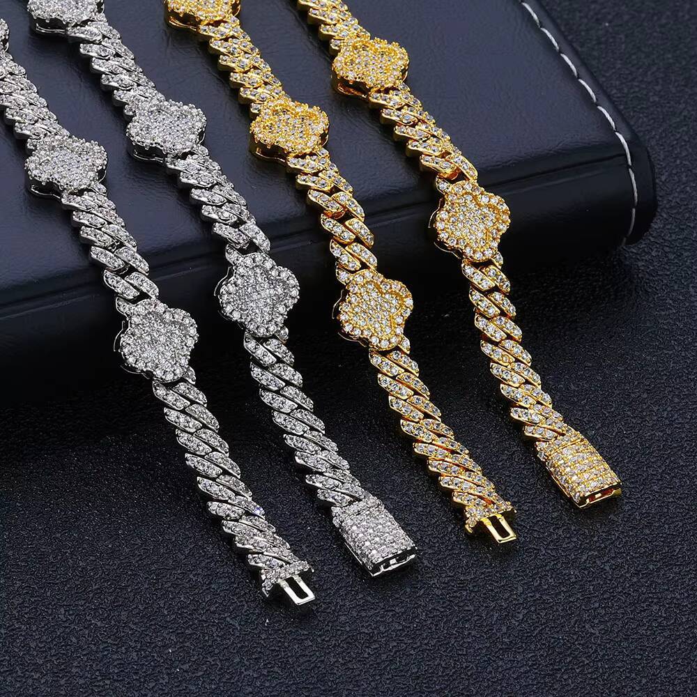 Moissanite Women Luxury 6MM Cuban Link Chain Bracelet with Four Leaf Clover White Gold Plated Diamond Prong Cuban Link Chain Jewelry