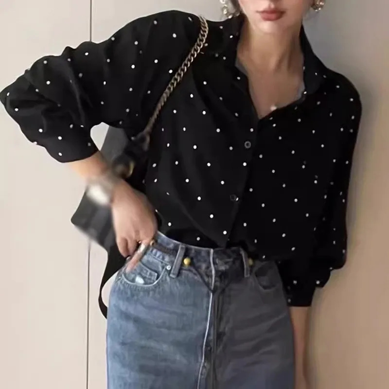 Womens V-neck Polka Dot Long Sleeve Elegant Shirt Retro Lapel Loose Color-Collision Long Sleeve Fashion Single-Breasted Blouse 250417