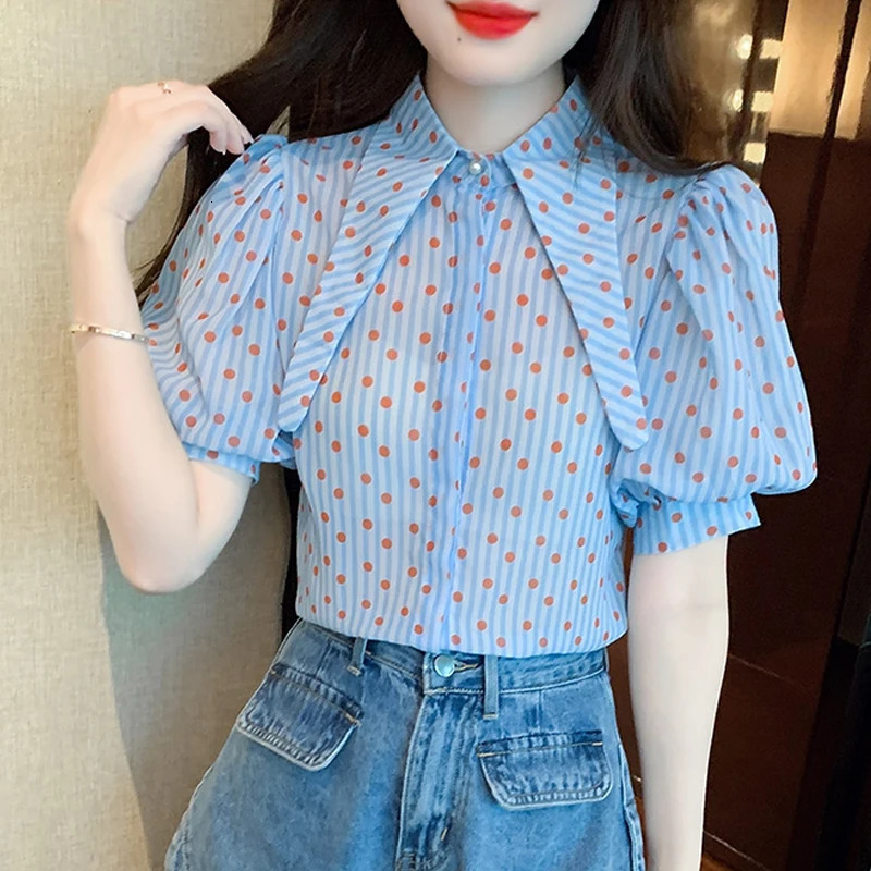 Fashion Summer Polka dot Print Elegant Shirts Loose Turn down Collar Short Puff Sleeve Blouses Vintage Casual Blue Tops 27484 250417