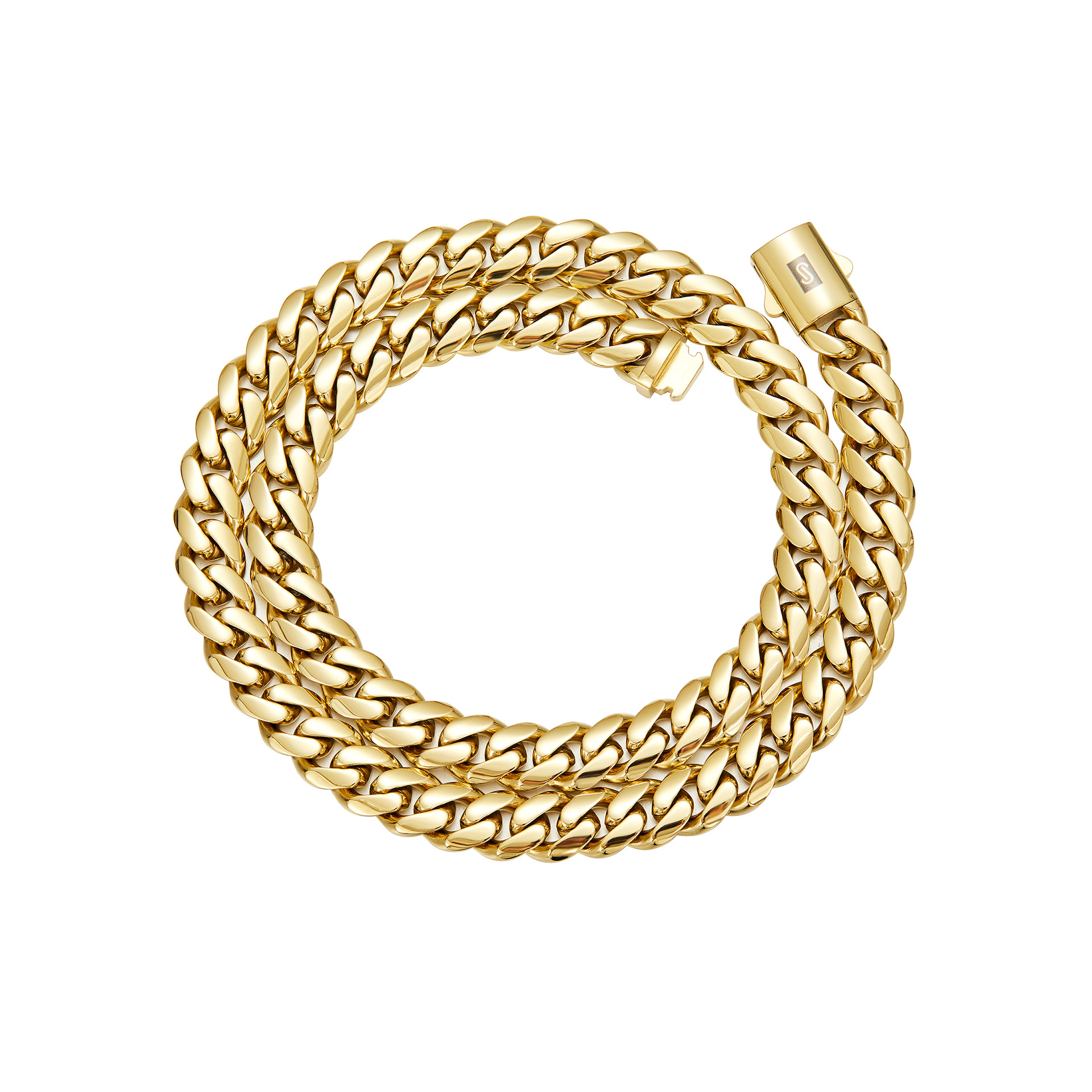 Hip Hop Solid Stainless Steel Cuban Chain Necklace 14K Gold Plated Spring Clasp Jewelry Accessories