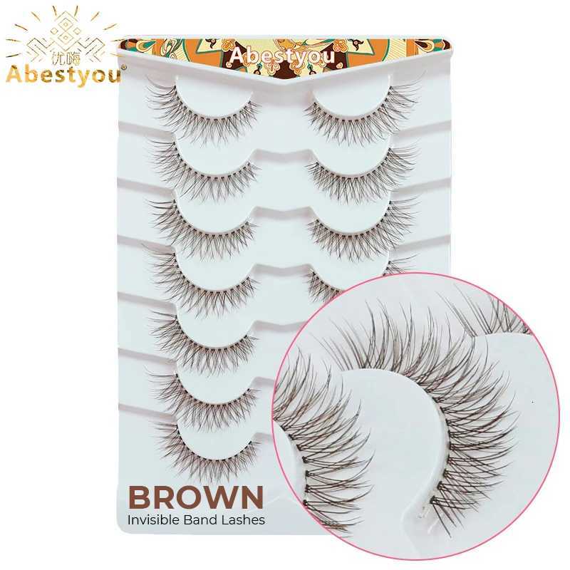 Abestyou Offical 7Pair 12mm Short Brown Coffee Color False EyeLashes Natural Long Wispy Invisible Band Full Strip 3d Mink LashesT251117