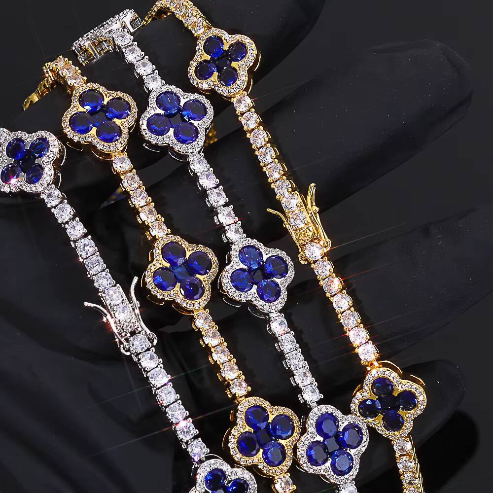 Moissanite Iced Out Cubic Zircon Tennis Chain Four-leaf Clover Tennis Chain Choker Necklace Women Gold Plated Fine Hiphop Jewelry