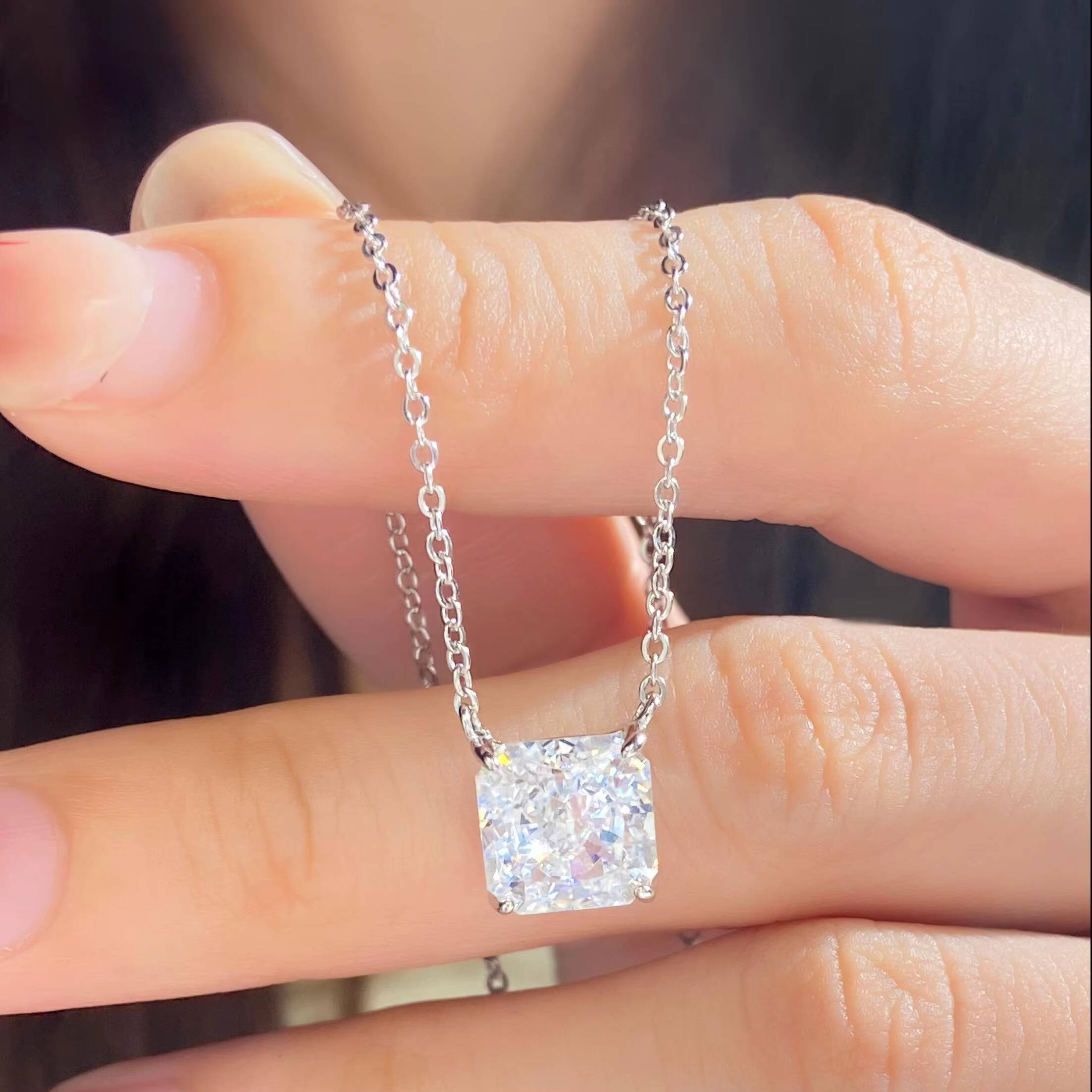 FOXI Ready to Ship Solid 925 Silver Necklace 8A Ice Crushed Cut square Bling CZ 925 Sterling Silver Necklace for Women