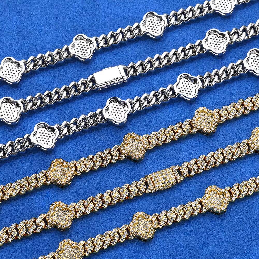 Fine Jewelry S925 Silver VVS D Colour Moissanite Bracelet Iced Out Four Leaf Clover Cuban Link Chain Hip Hop Men Bracelet