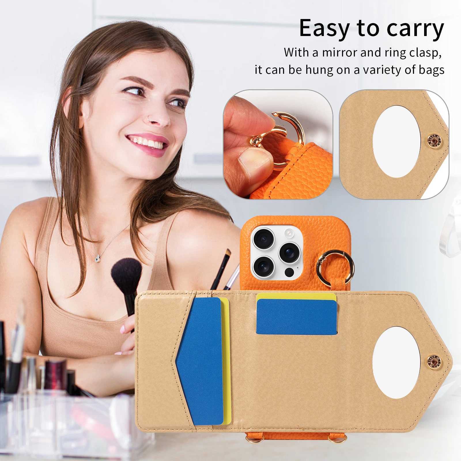 PU Leather Phone Case for IPhone17 17Air 17 Pro 17 Pro Max 16 15 14 13 Pro Crossbody Anti-demagnetization Anti-drop with Mirror J251202