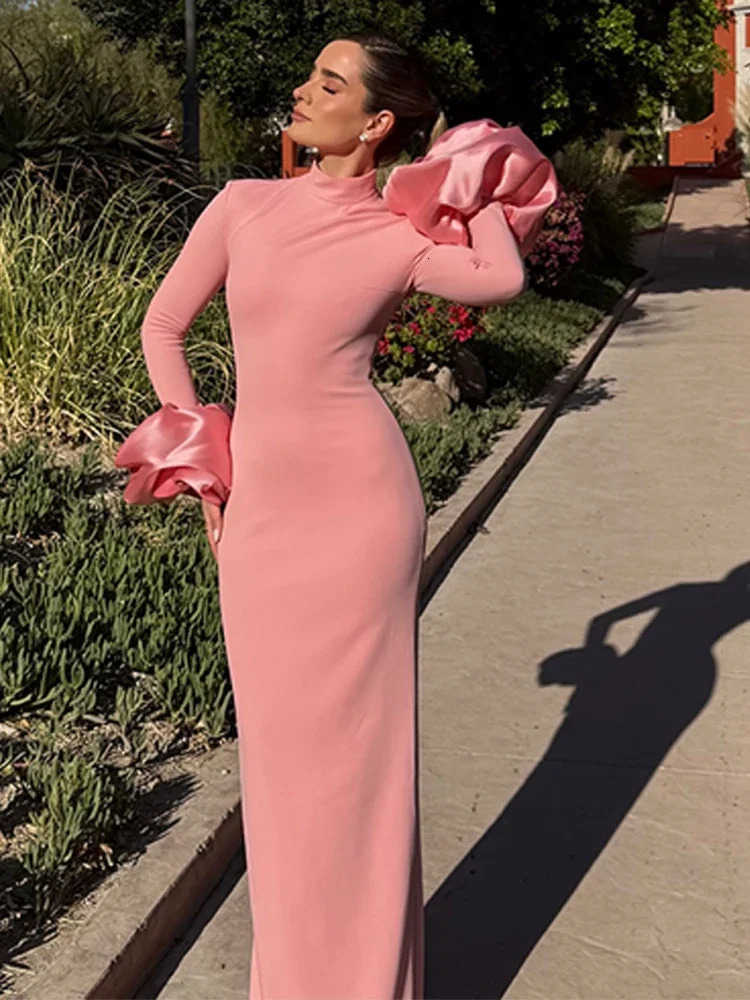 Sweet Pink Skinny Maxi Dresses Women 3d Flowers Long Sleeves Half High Collar High Waist Split Robe Party Evening Gown 251113