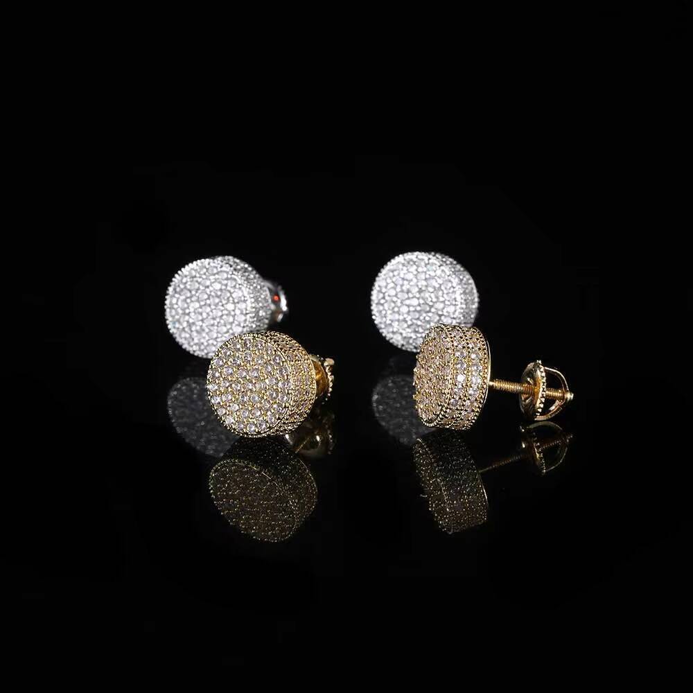 Laboratory cultivation of Moissanite Hip Hop Jewelry Diamond Earrings Full Pave 3A Cubic Zirconia Flat Cylindrical Screw Back Earrings