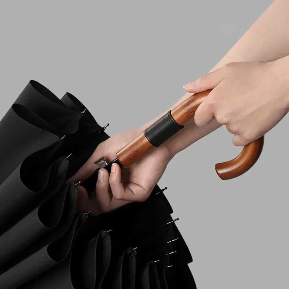Long Handle Umbrella 24-Bone Solid Wood Handle Sturdy Wind Resistant Reinforcement Rainstorm Umbrella Large Automatic Umbrellas C251117