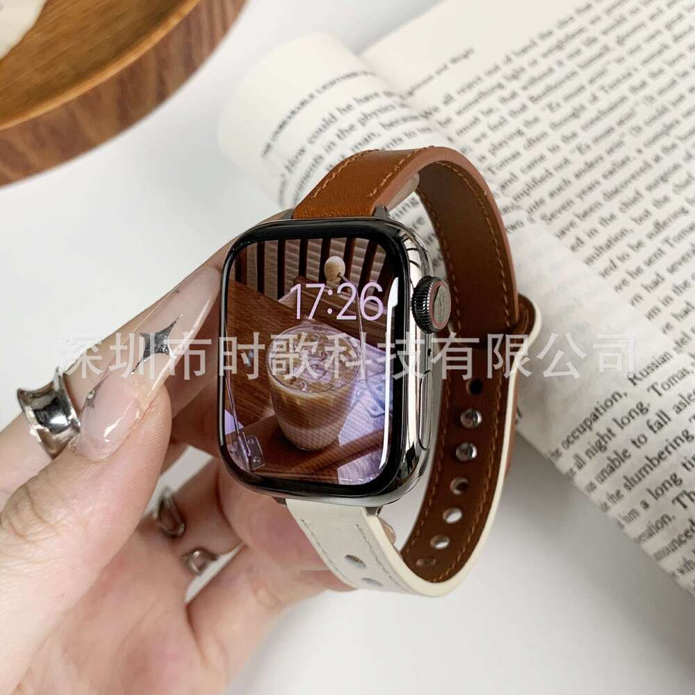 Suitable For Apple Watch Ultra Fine Double Nail Color Blocked Genuine Cowhide Small Waist Applewatch10 Strap