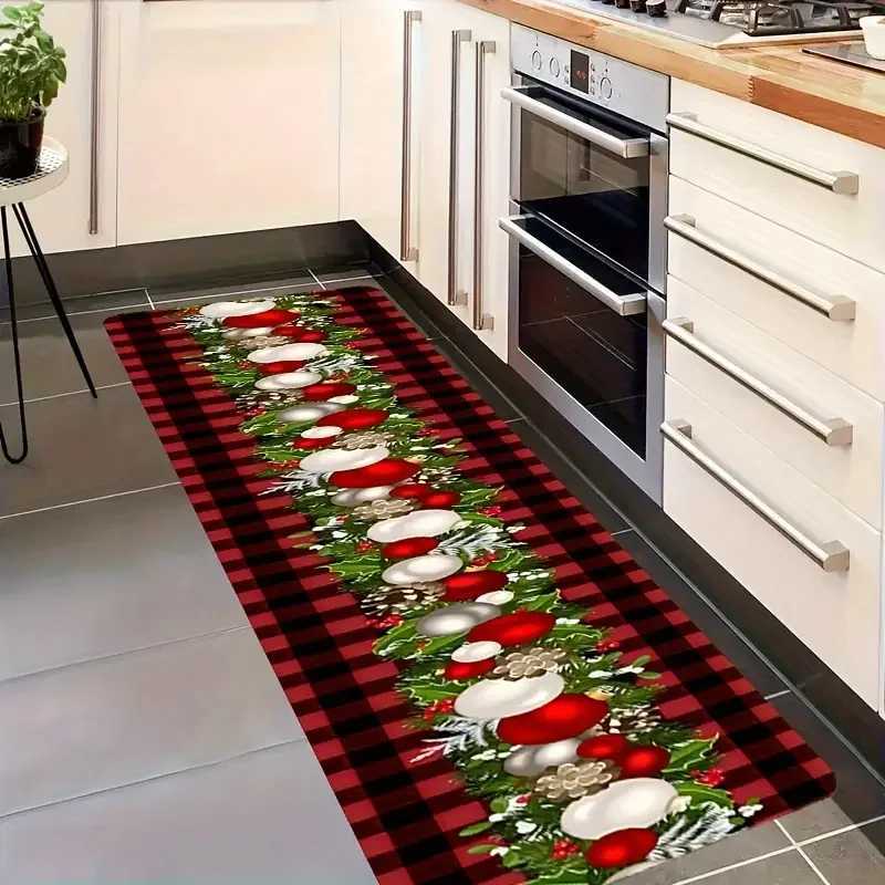 VIKAMA Christmas Tartan Runner Rug Soft And Non-Slip Design With Christmas Baubles And Bows Hallway Runner Mat For Home DecorM251117