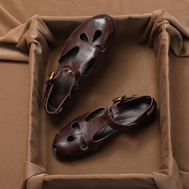 Fashionable Vintage Sandals Women Stylish Retro Breathable Lightweight Soft Brown Roman Chunky Heeled Sandals New Arrival Elegant