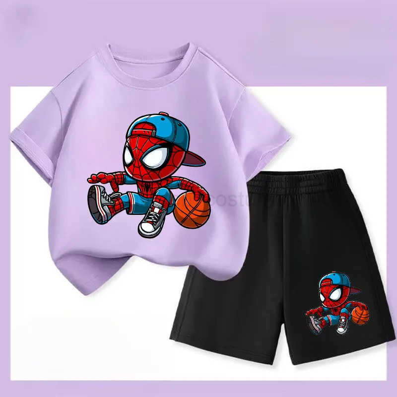 Disney Summer Boys Breathable T Shirt Shorts Two Piece Set Disney Anime Spiderman Kids Casual Outfits Child Short Sleeved Top Suit W20250417