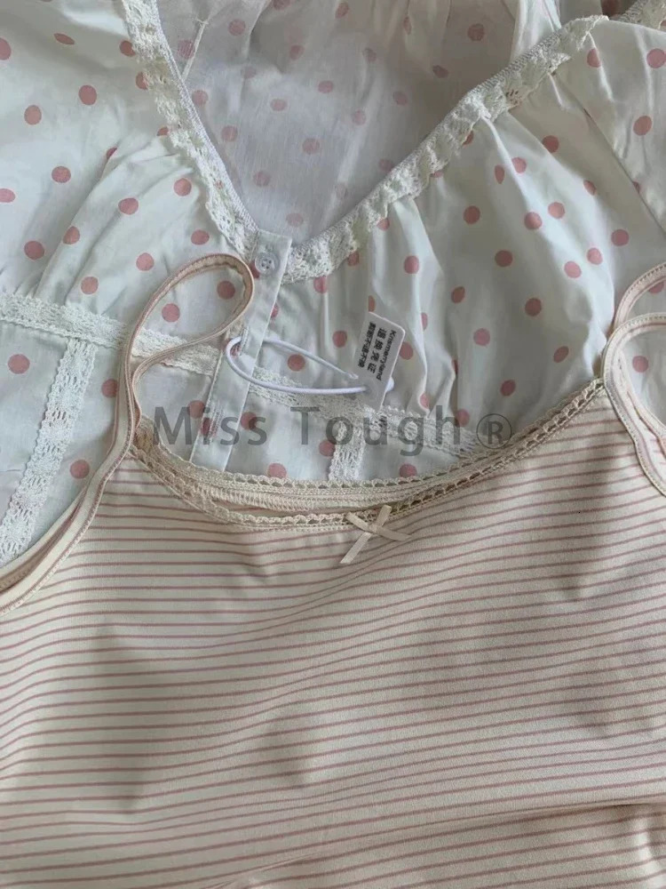 French Kawaii Polka Dot Puff Sleeve Lace Shirts Women Summer n Sense Sweet Shirt Patchwork Loose Bow Slimming Tops Trendy 250417