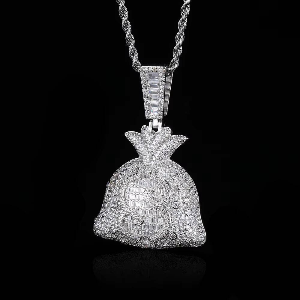 Moissanite Hip Hop Iced Pendant Jewelry Gold Plated Necklace Full Pave Cubic Zirconia Money Bag Pendant