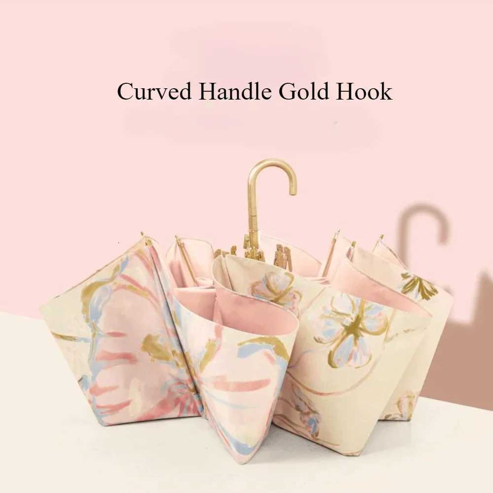 Folding Umbrella Urved Handle Gold Hook Umbrella Vintage Sun Umbrella Protection Anti-Uv Umbrell Rain Dual-Purpose Umbrella C251117