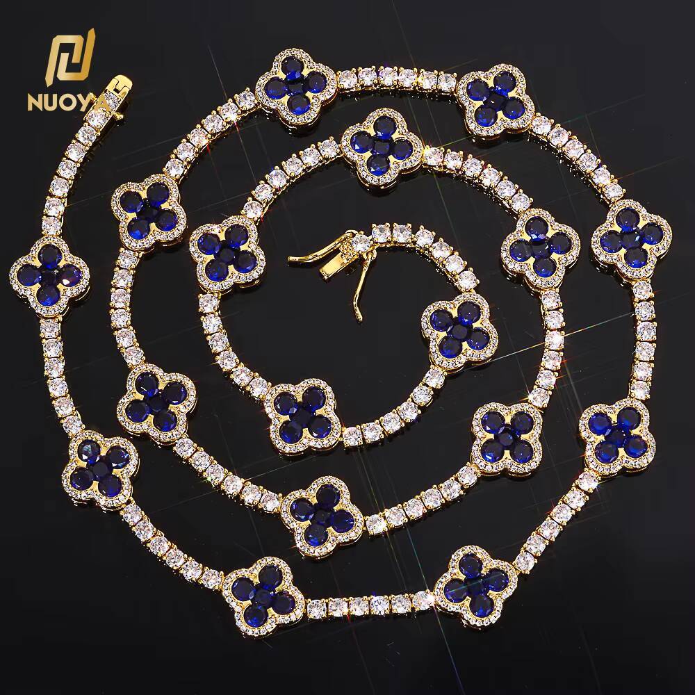 Moissanite Iced Out Cubic Zircon Tennis Chain Four-leaf Clover Tennis Chain Choker Necklace Women Gold Plated Fine Hiphop Jewelry
