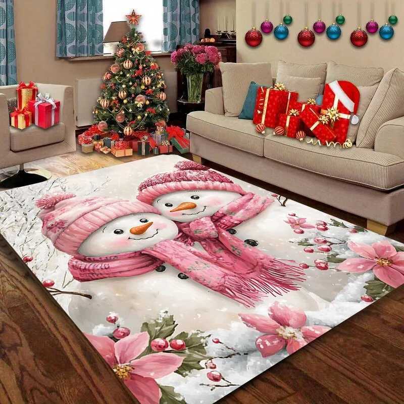 Christmas Snowman Print Area Rug with Pink Scarf - Non-Slip Crystal Velvet Carpet for Living Room Kitchen Bedroom and Home DeM251117