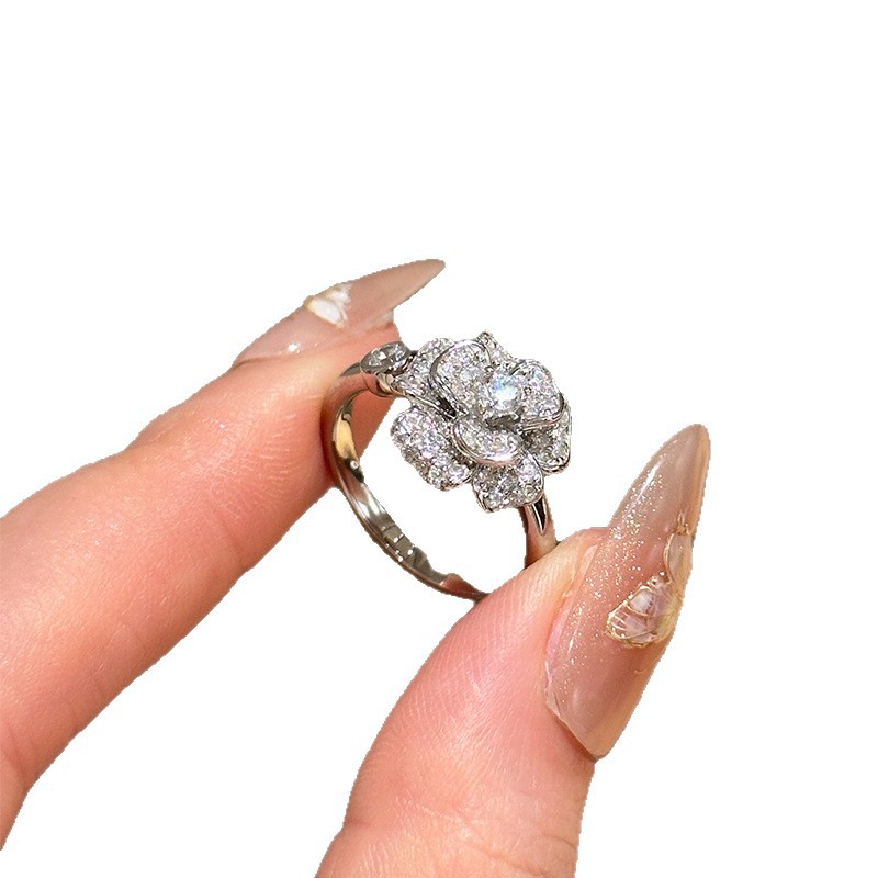 Korean Super Shiny Zircon Flower Open Palace Style Elegant Versatile Index Finger Ring Light Luxury High-end Feel Women's Jewelry